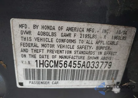 2005 Honda Accord 2.4 Lx z USA, uszkodzony, nr VIN 1HGCM56455A033779